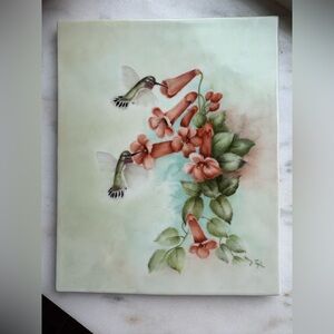Vintage hand painted Floral and Hummingbird Ceramic trivet